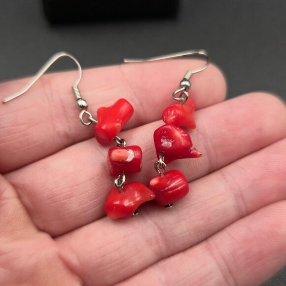 Silver Plated Red Coral Chunks Handmade Dangle Earrings A6095 - Picture 3 of 5